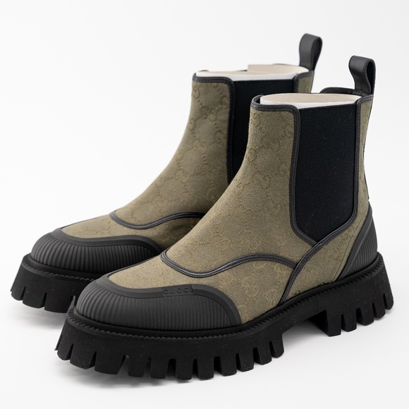 size 9.5G - Gucci Boots Chelsea Green Olive Black Canvas Ankle GG Monogram - Picture 1 of 13